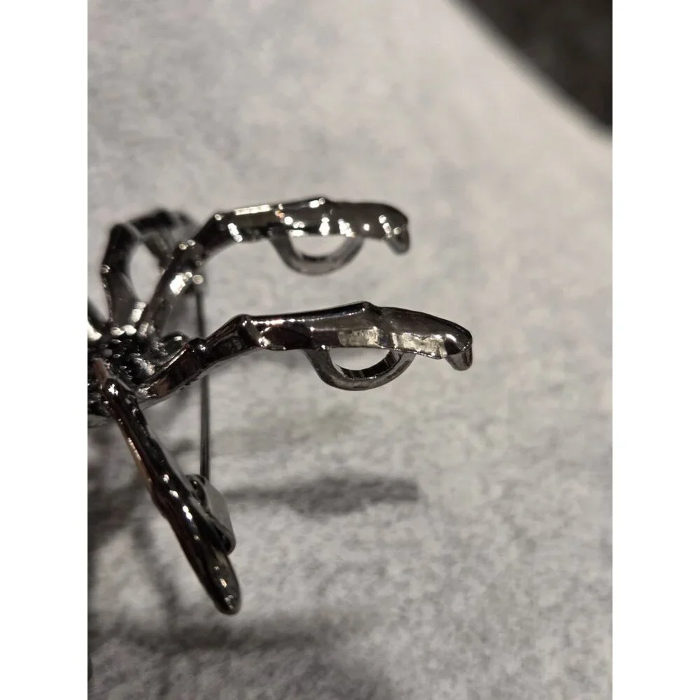 Gunmetal Spider Pendant Brooch Faux Silver Pearl Body & Black Rhinestone 2x1.75" - Picture 7 of 13
